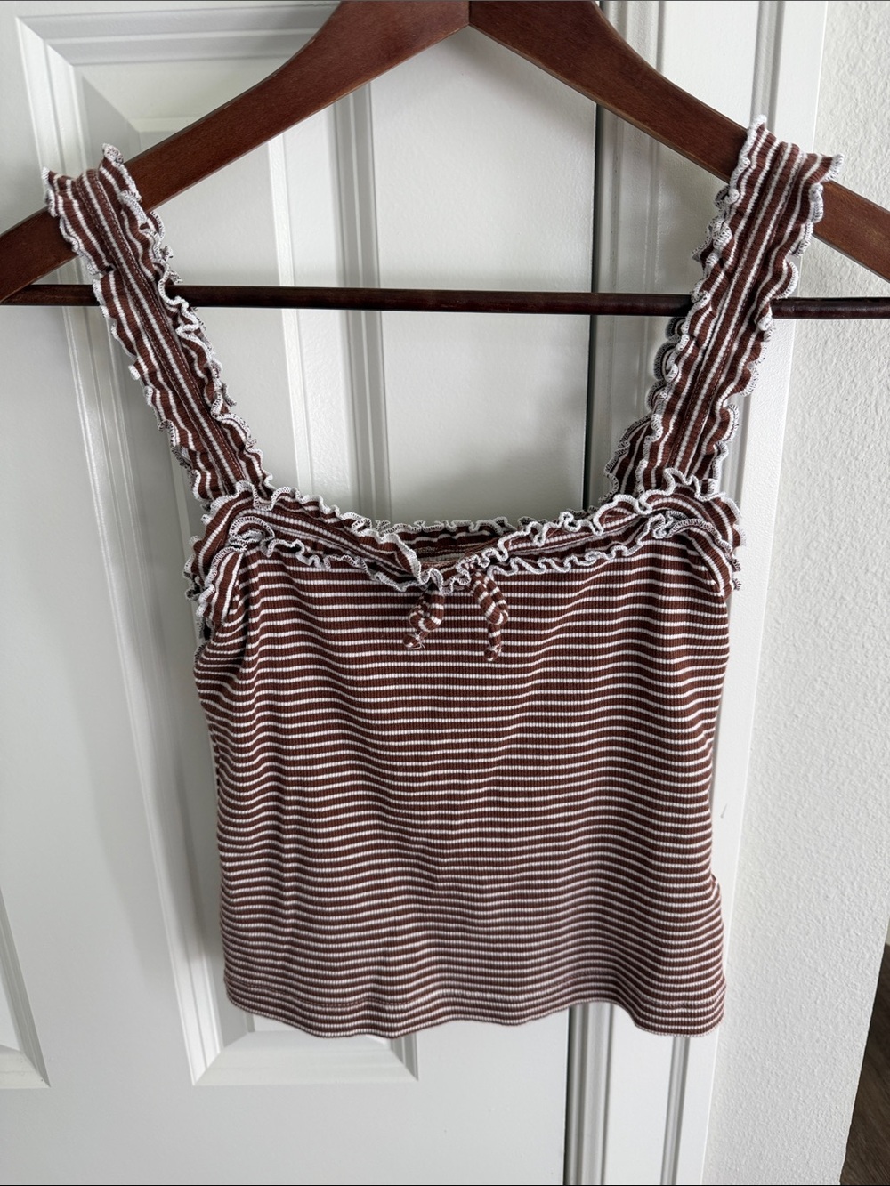 Maeve Brown and White Striped Ruffle-Trim Cami Top